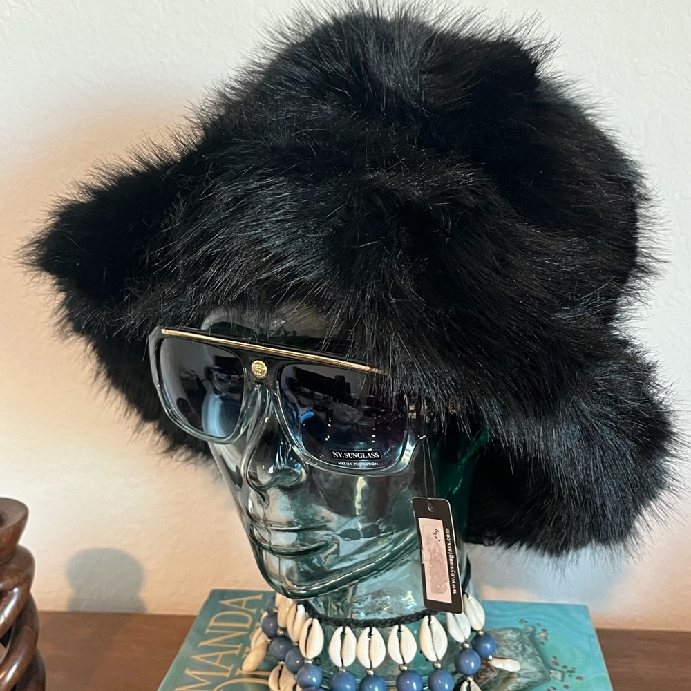 Jet Black Fuzzy Faux Fur Hat
